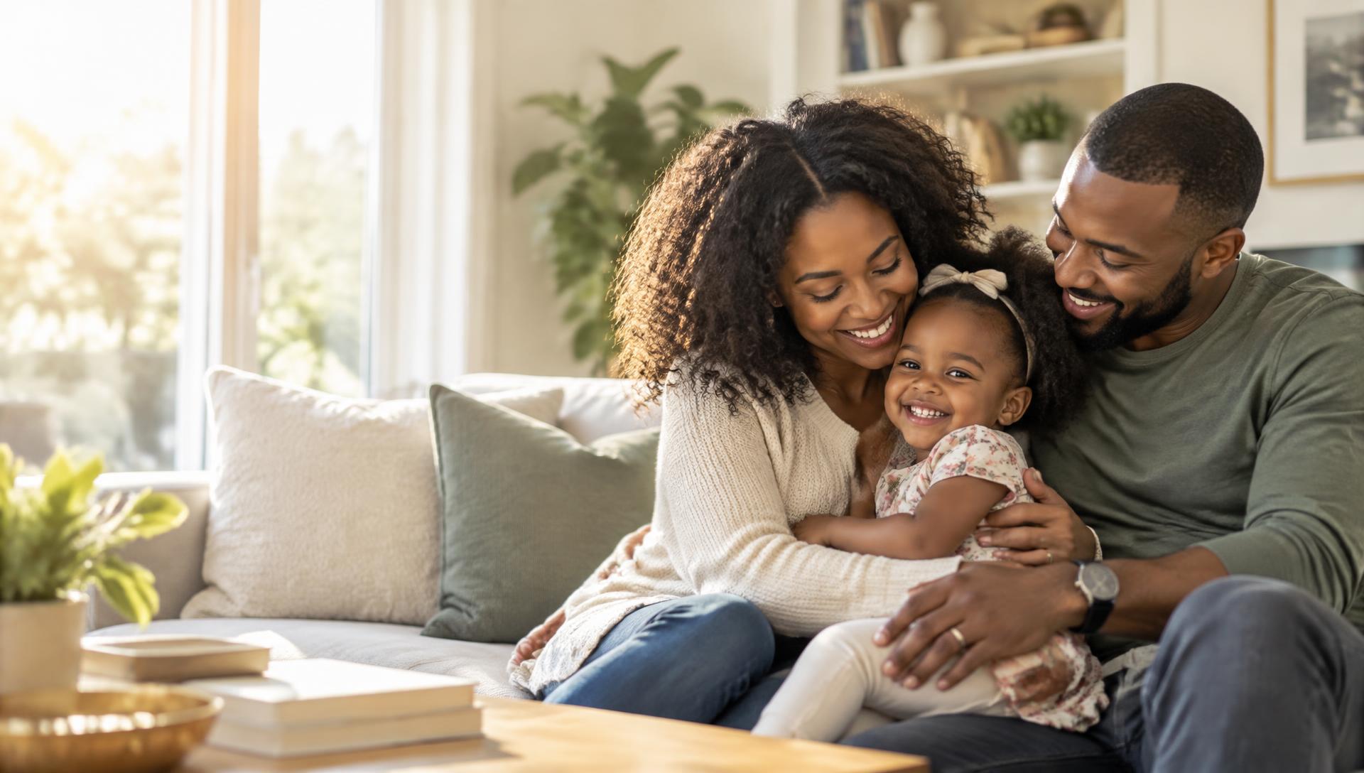 A happy family with their young daughter at home